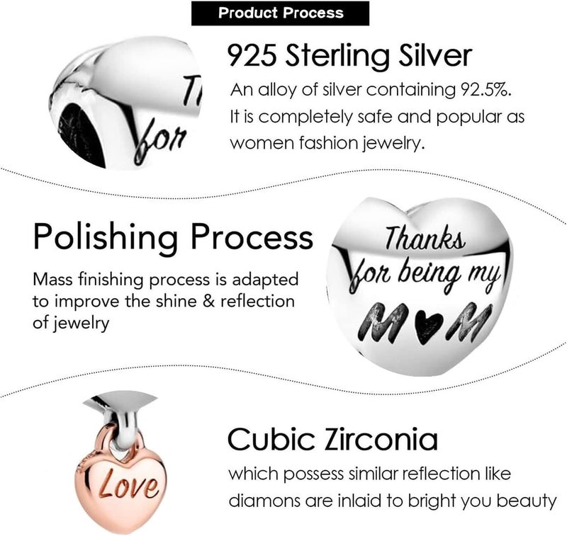 VALGACLS Mom Wife Daughter Love Heart Wedding Rings Charms 925 Sterling Silver Charms for Bracelets Necklace Valentine's Day Mother's Day Jewelry Charm for Women - Image 5